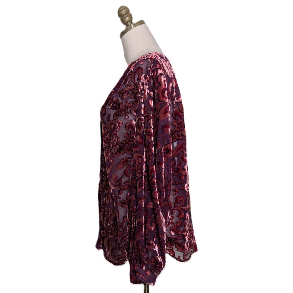 Chicos Velvet Burnout Blouse Size XL 3 Burgundy Long Sleeve Whimsigoth Victorian - Picture 4 of 6